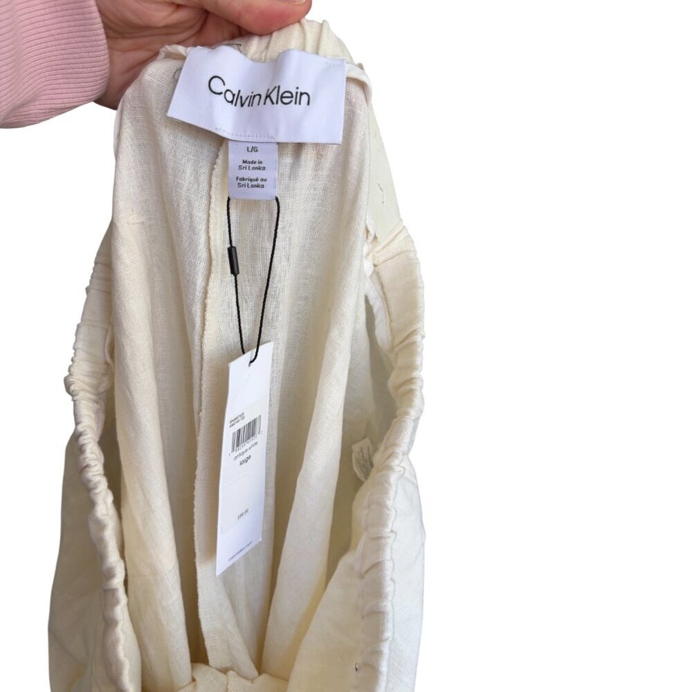 NWT Calvin Klein Creme Linen Wide Leg Pants Draw String Waist size L - Picture 9 of 11